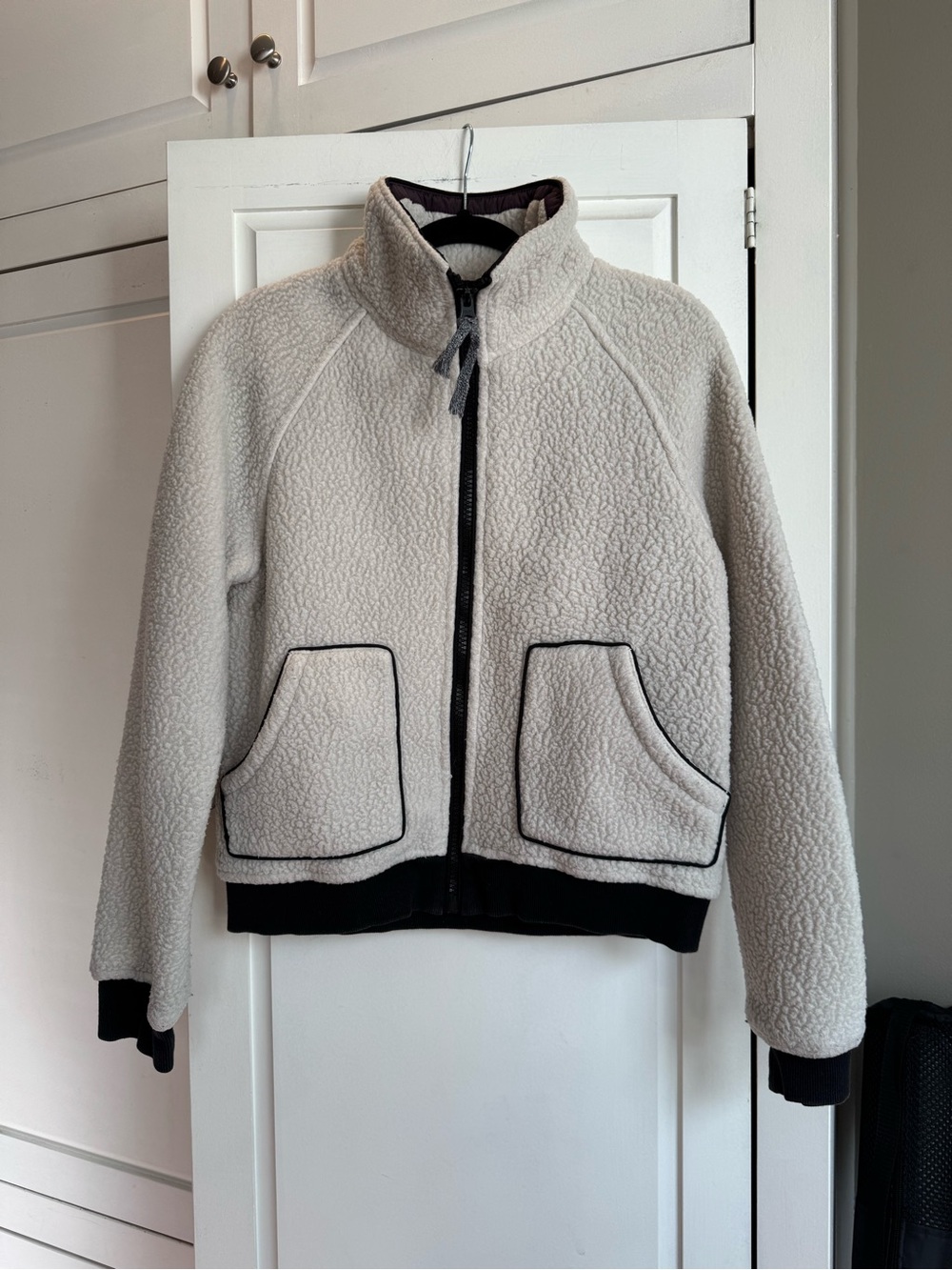 FP Movement by Free People Cream Sherpa Zip Jacket with Black Trim